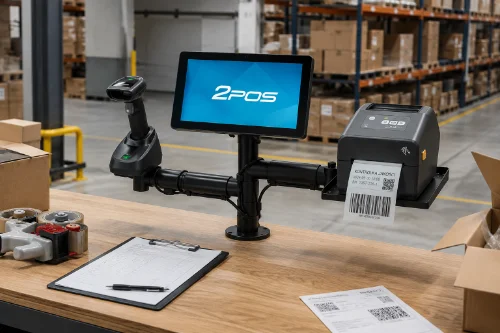 Kompletne stanowisko magazynowe 2POS z terminalem POS, skanerem Zebra DS2278 i drukarką etykiet Zebra ZD421 podczas pracy w magazynie
